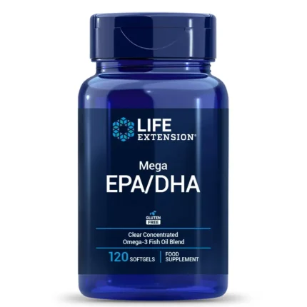 Шише съдържащо хранителна добавка Мега EPA/DHA под формата на каплети от марка Лайф екстеншън